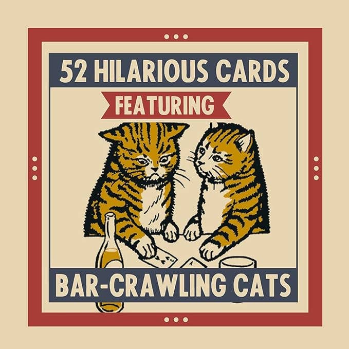 Poster with two cats at a bar, text '52 Hilarious Cards Featuring Bar-Crawling Cats' on a beige background.