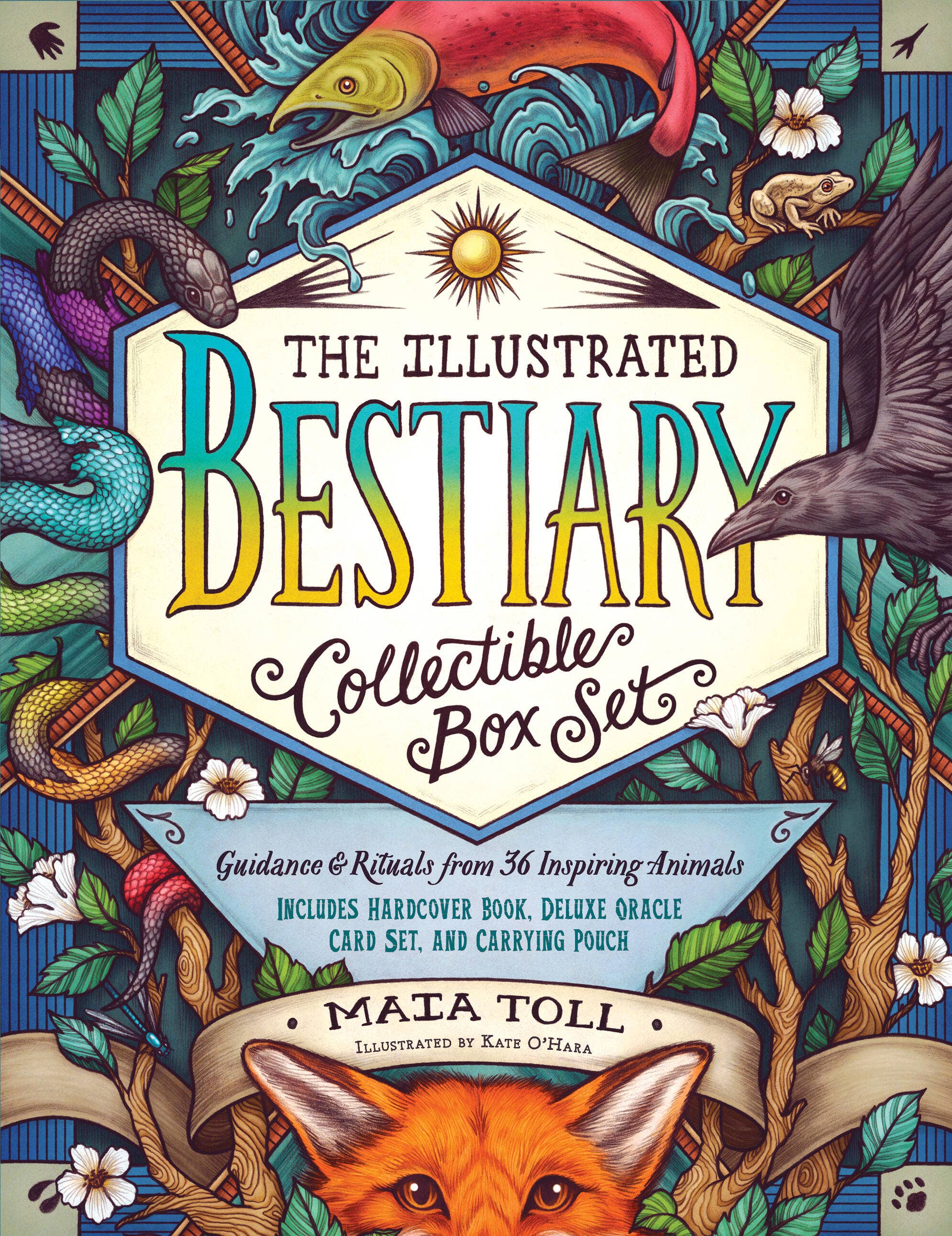 Cover of 'The Illustrated Bestiary Collectible Box Set' with colorful illustrations of animals and text.