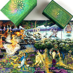 Set of tarot cards with colorful illustrations and green card holders.