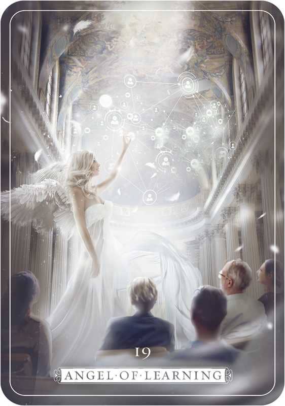 A tarot card titled 'Angel of Learning' showing a glowing angel in a white gown with wings, surrounded by floating light orbs and a network of connected symbols, with several seated figures in the foreground. The card has a dark border and the number 19 at the bottom.