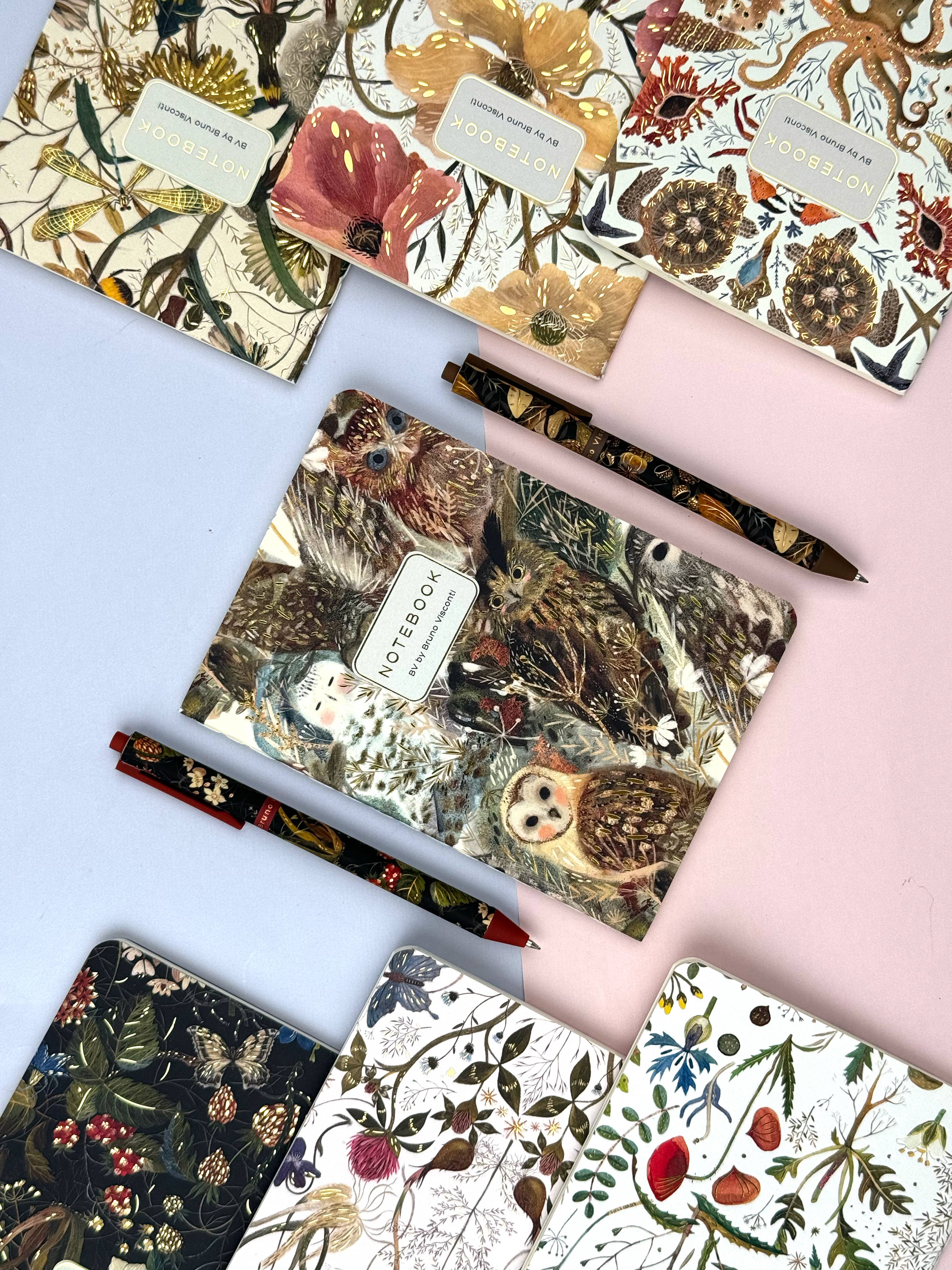 Collection of notebooks with nature-themed designs on a light blue background