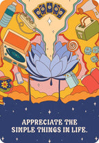 Colorful illustration with a book, lollipop, and vintage items on a blue background with text 'Appreciate the simple things in life'.