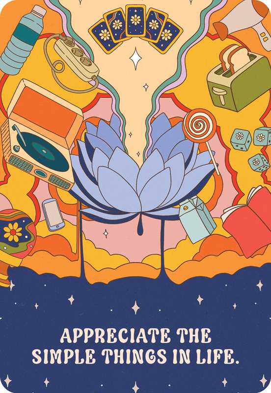 Colorful illustration with a book, lollipop, and vintage items on a blue background with text 'Appreciate the simple things in life'.