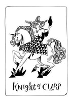 Black and white illustration of a woman riding a unicorn with 'Knight of Cups' text below.