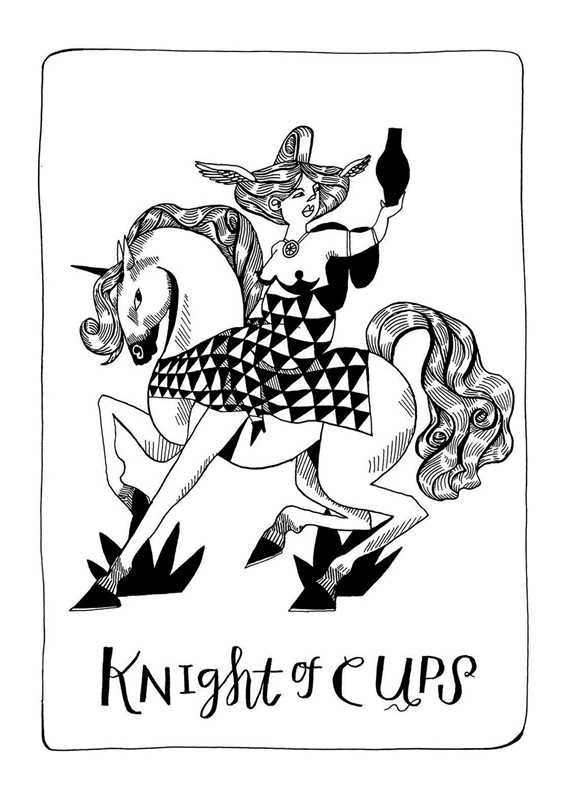 Black and white illustration of a woman riding a unicorn with 'Knight of Cups' text below.
