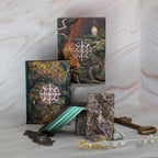Decorative boxes with compass design on a marble surface