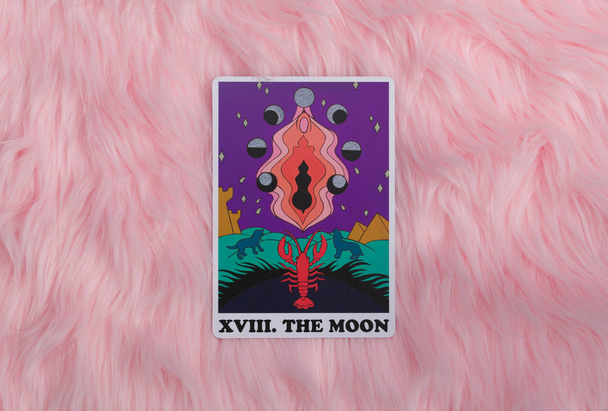 Tarot card titled 'XVIII. The Moon' on a pink furry background