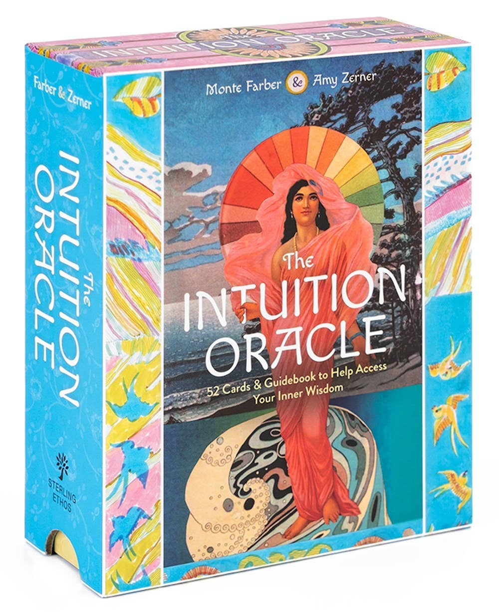 Box of 'The Intuition Oracle' with colorful design and woman's face on a blue background