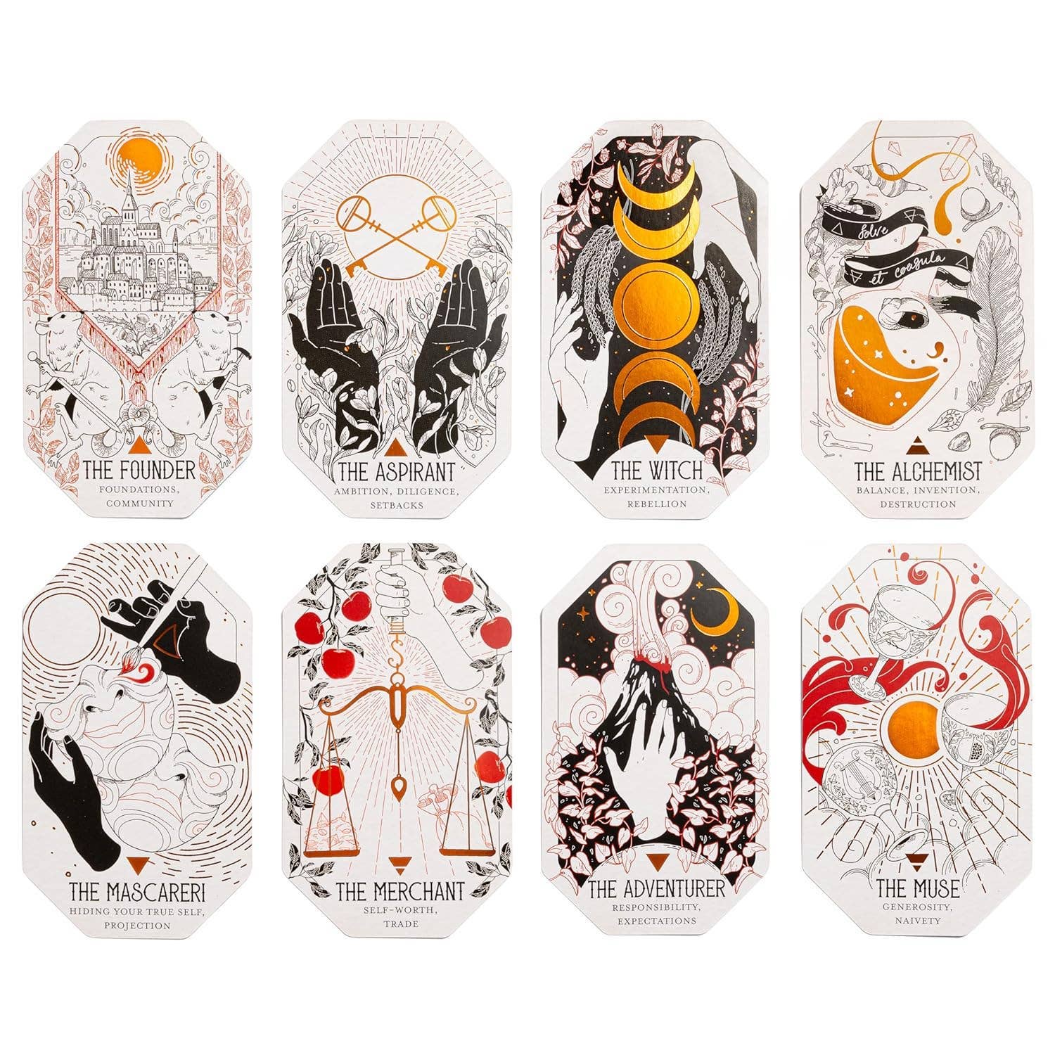 Set of tarot cards with various card illustrations and titles on a white background