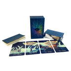 Card game set with tarot-style cards and a box on a white background