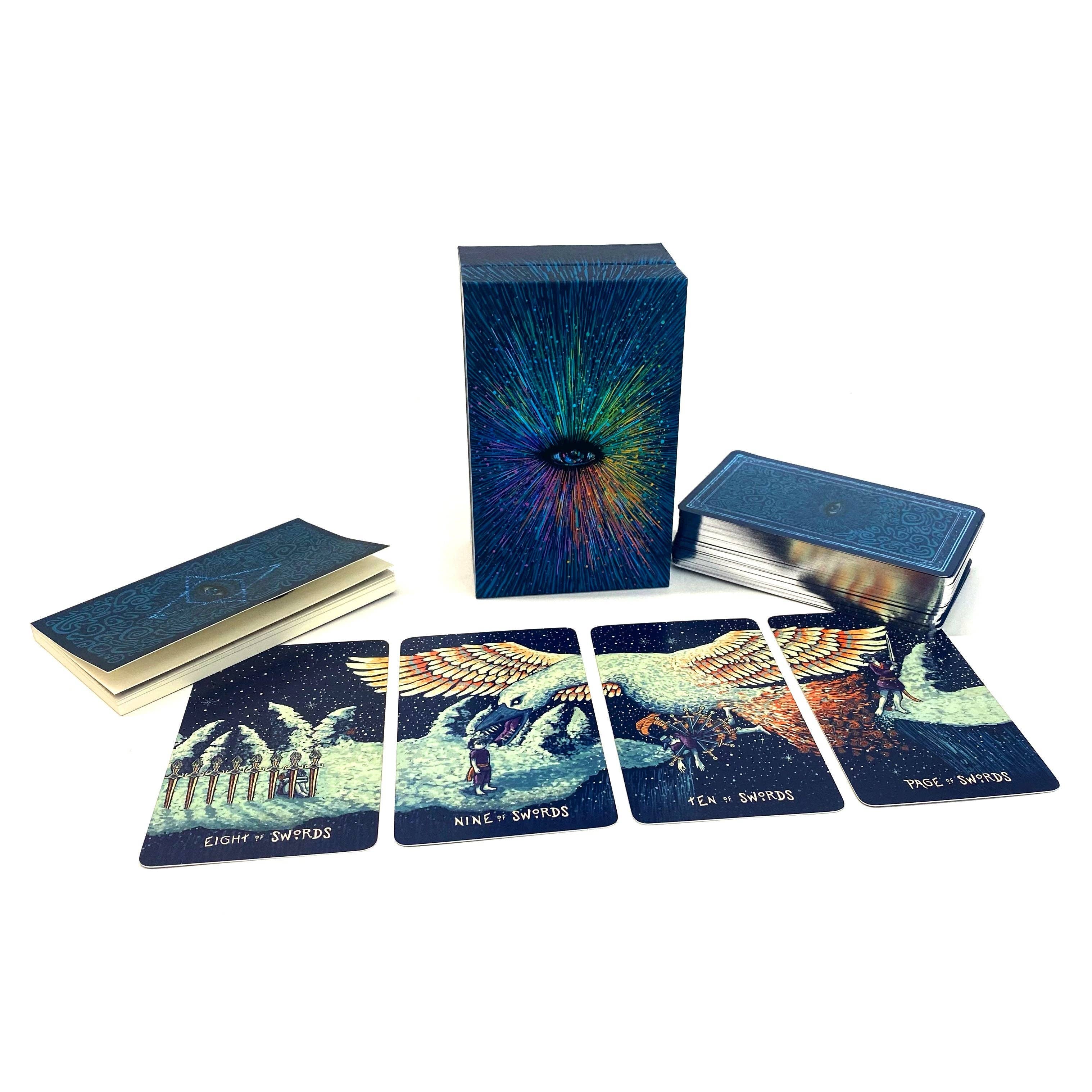 Card game set with tarot-style cards and a box on a white background
