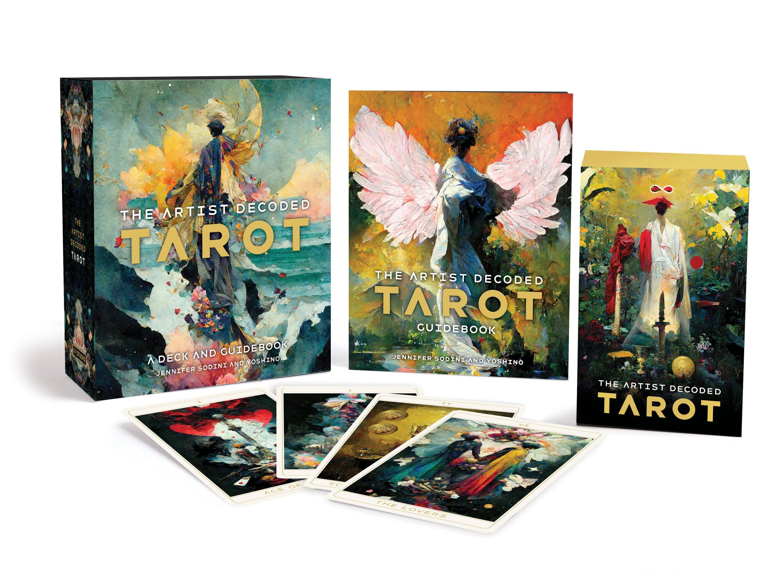 Tarot card set with colorful artwork and 'The Artist Decoded Tarot' text on packaging.