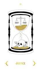 Hourglass with a skull and scales of justice, symbolizing justice, on a white background.