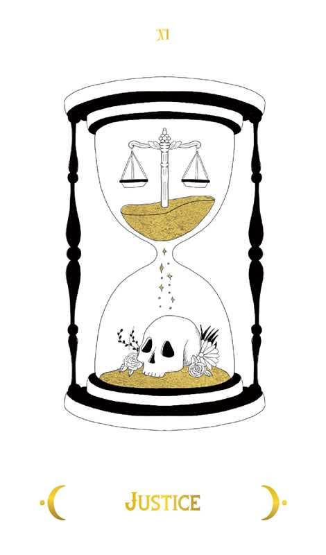 Hourglass with a skull and scales of justice, symbolizing justice, on a white background.