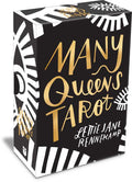 Black box with gold text 'Many Queens Tarot' by Leticia Jane Rennekamp on a white background