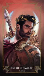 Illustration of Ares, the Roman god of war, with a sword and laurel wreath on a red background.