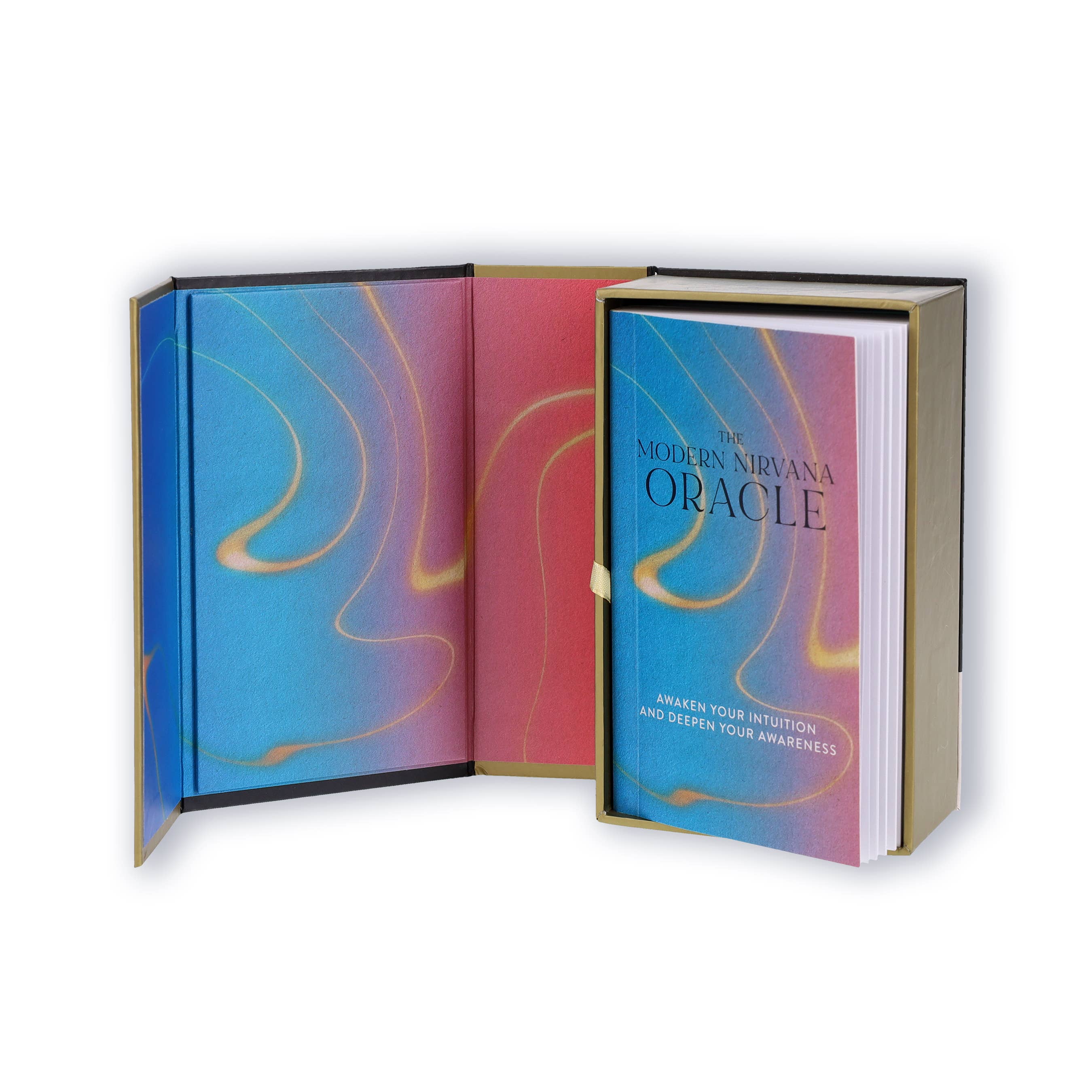 Open book titled 'Modern Nirvana Oracle' with colorful design on a white background