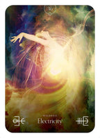 Tarot card with a colorful design of a woman and abstract elements, featuring the number 36 and text 'Wildness: Electricity'.
