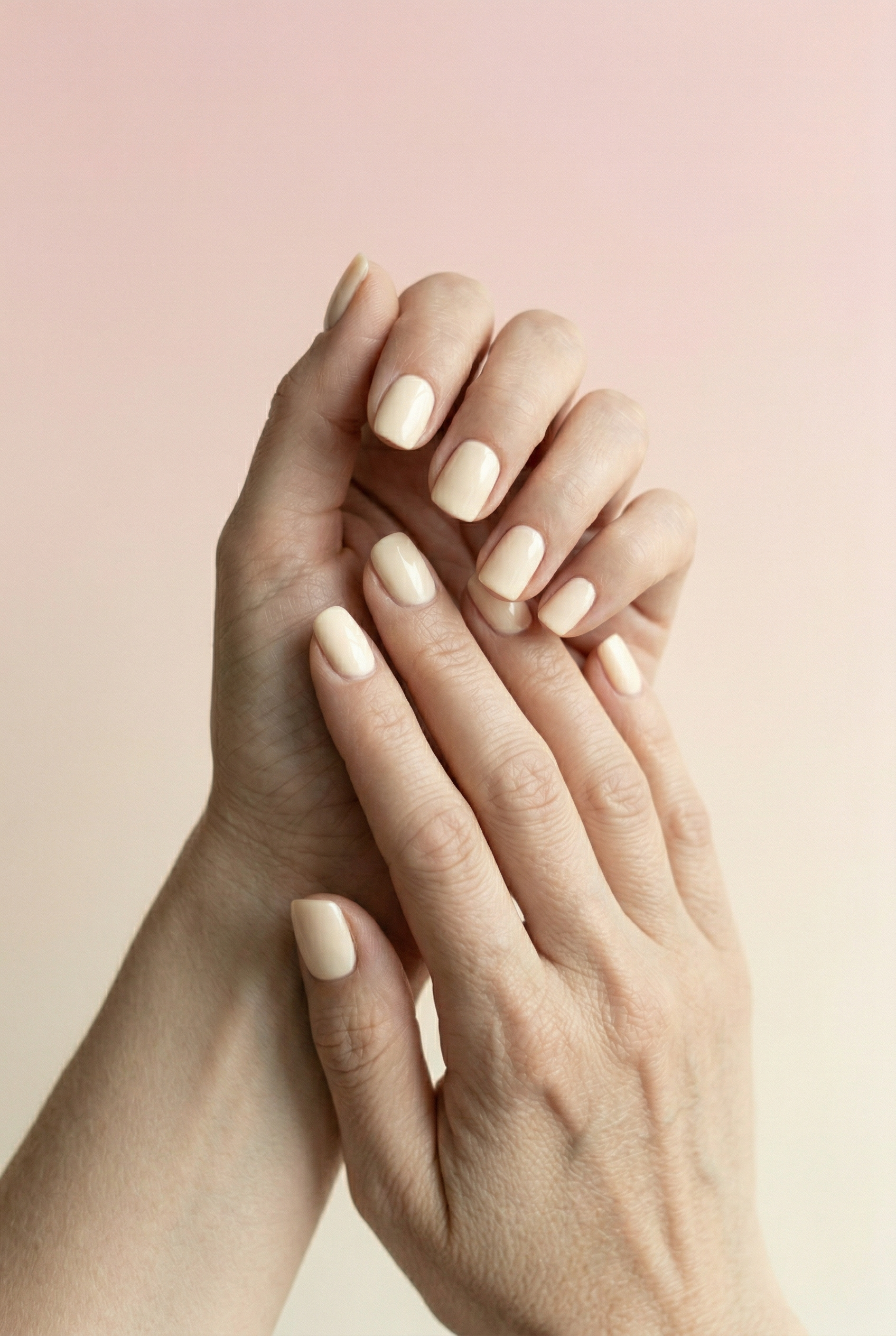 Close-up of two hands with light nail polish on a soft pink background