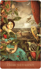 Vintage-style illustration of a woman surrounded by nature elements with text '5 Share Your Bounty'.