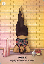 Illustration of a person in a headstand on a yoga mat with candles and tea, against a brick wall.