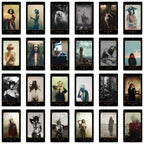 A 5x4 grid of illustrated tarot-style cards with ornate black borders and gold corner details. Each card shows a different moody portrait or scene, including figures, animals, and atmospheric landscapes.