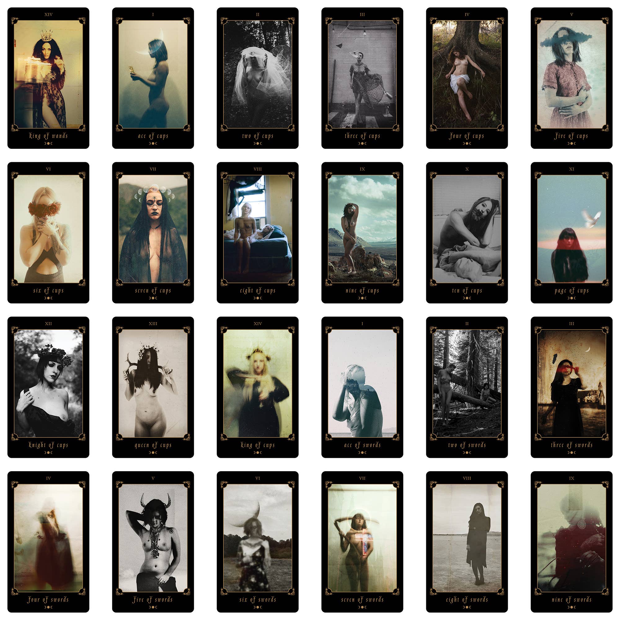 A 5x4 grid of illustrated tarot-style cards with ornate black borders and gold corner details. Each card shows a different moody portrait or scene, including figures, animals, and atmospheric landscapes.