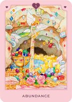 Colorful card titled 'Abundance' featuring an angel and treasures.