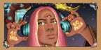 Artistic depiction of a person with pink hair wearing headphones, surrounded by glowing text and abstract elements.