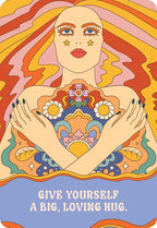 Colorful illustration of a woman with a floral design on her chest and text 'Give yourself a big, loving hug' at the bottom.