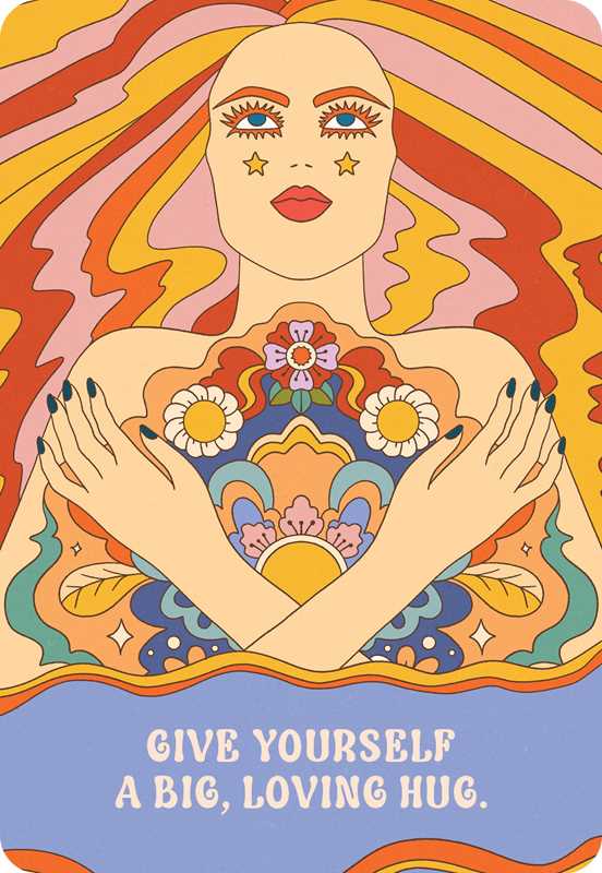 Colorful illustration of a woman with a floral design on her chest and text 'Give yourself a big, loving hug' at the bottom.