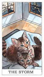 Illustration of two cats on a bed with 'The Storm' text at the bottom.