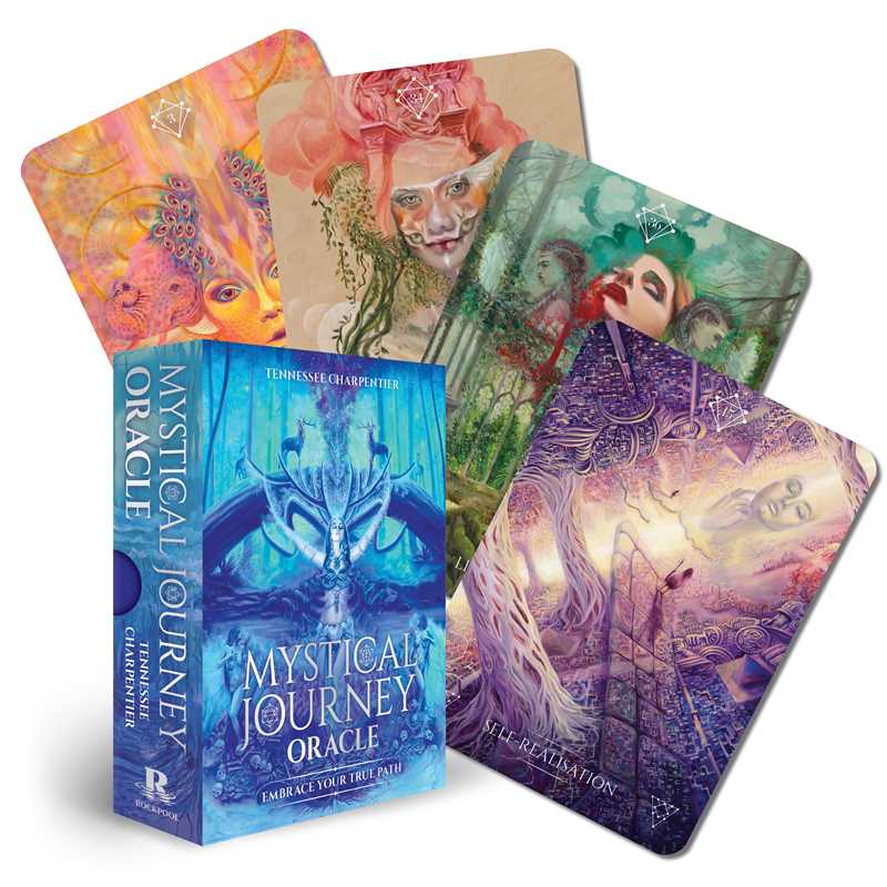 Mystical Journey Oracle cards with colorful designs and a blue box packaging on a white background.