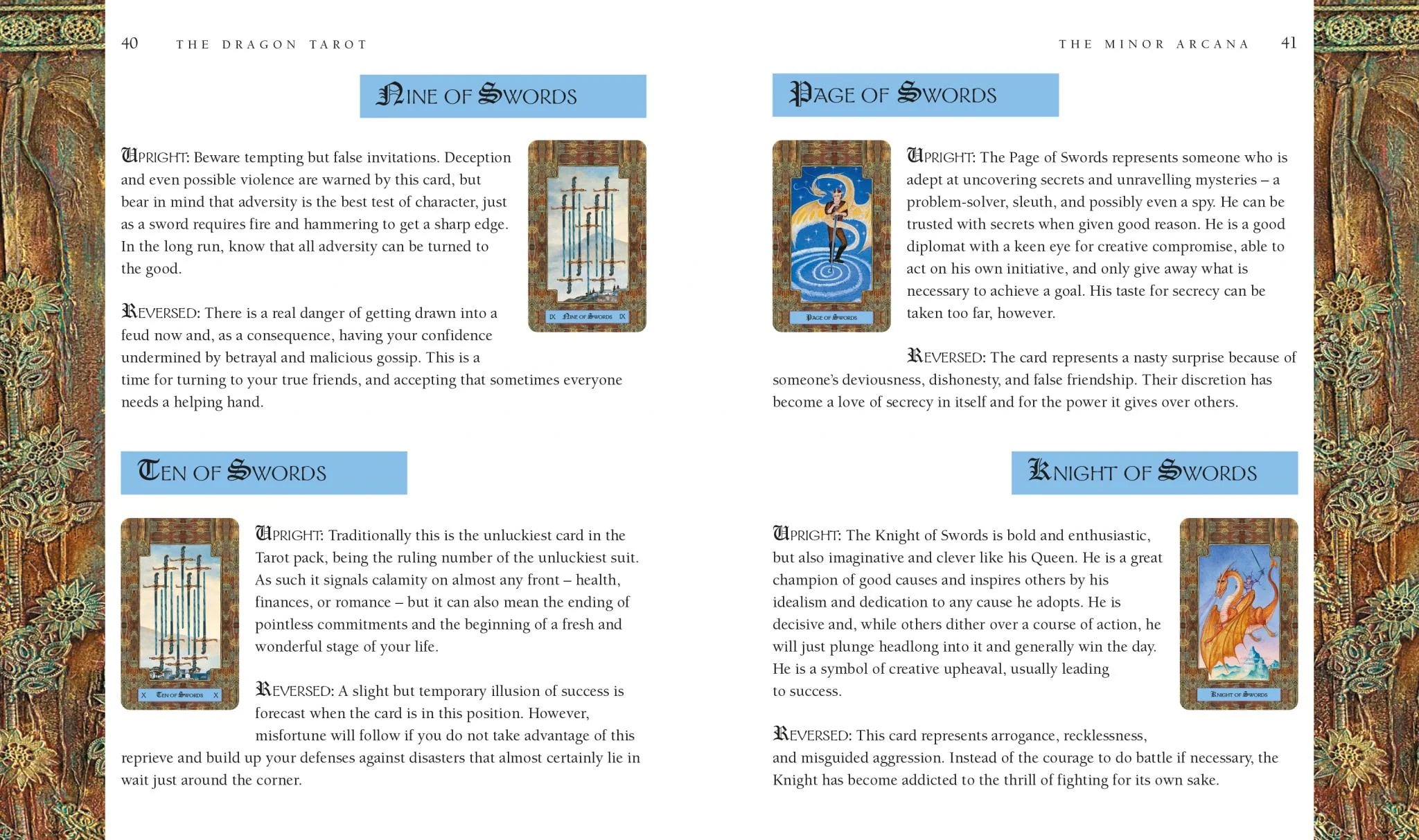 Detailed description of tarot cards with illustrations and text on a white background