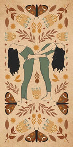 Illustration of a woman embracing with butterflies and foliage on a beige background