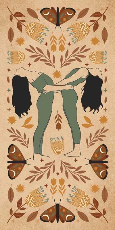 Illustration of a woman embracing with butterflies and foliage on a beige background