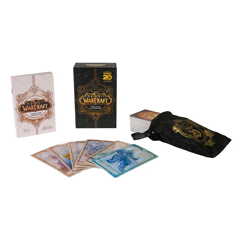 Warcraft card game set with cards, box, and pouch on a white background