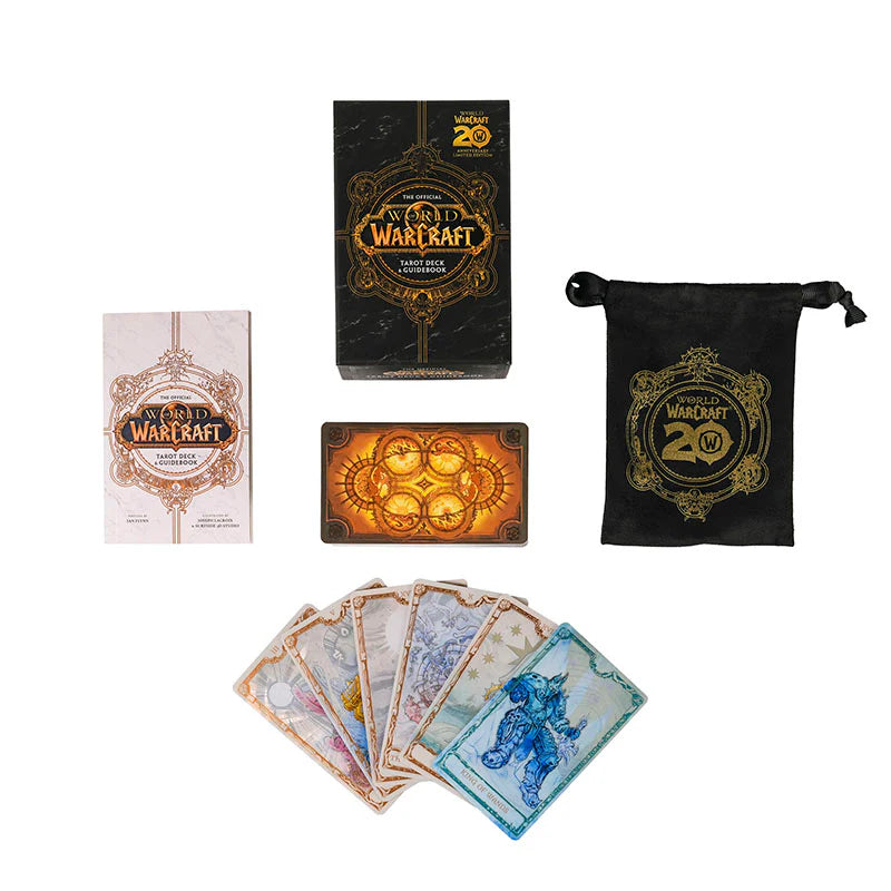 Warcraft card game set with cards, box, and pouch on a white background