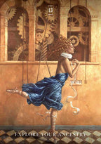 Artistic depiction of a ballerina in a blue dress with mechanical gears in the background, featuring the text 'Explore Your Ancestry'.