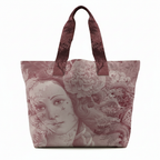 Tote bag with a design of a woman's face and floral elements on a white background
