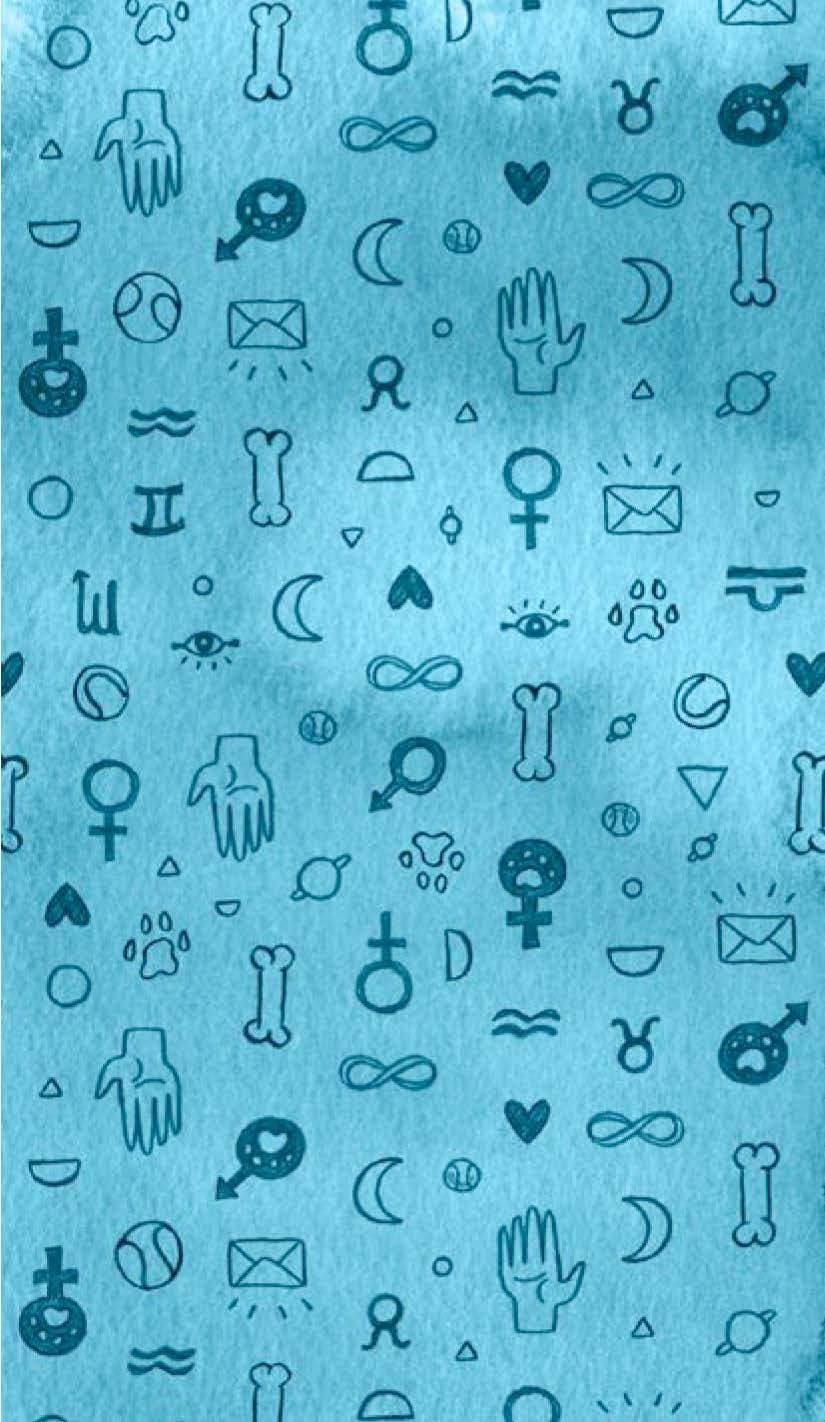 Blue patterned background with various symbols and icons