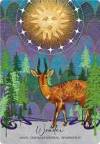 Decorative card with a deer and sun design, featuring the word 'Wonder' and nature elements.