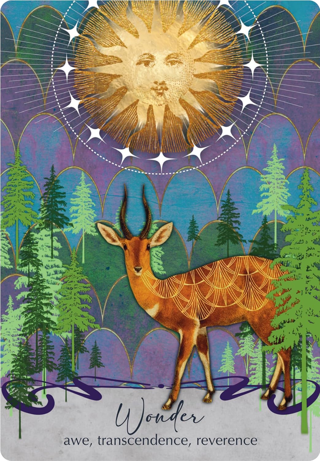 Decorative card with a deer and sun design, featuring the word 'Wonder' and nature elements.