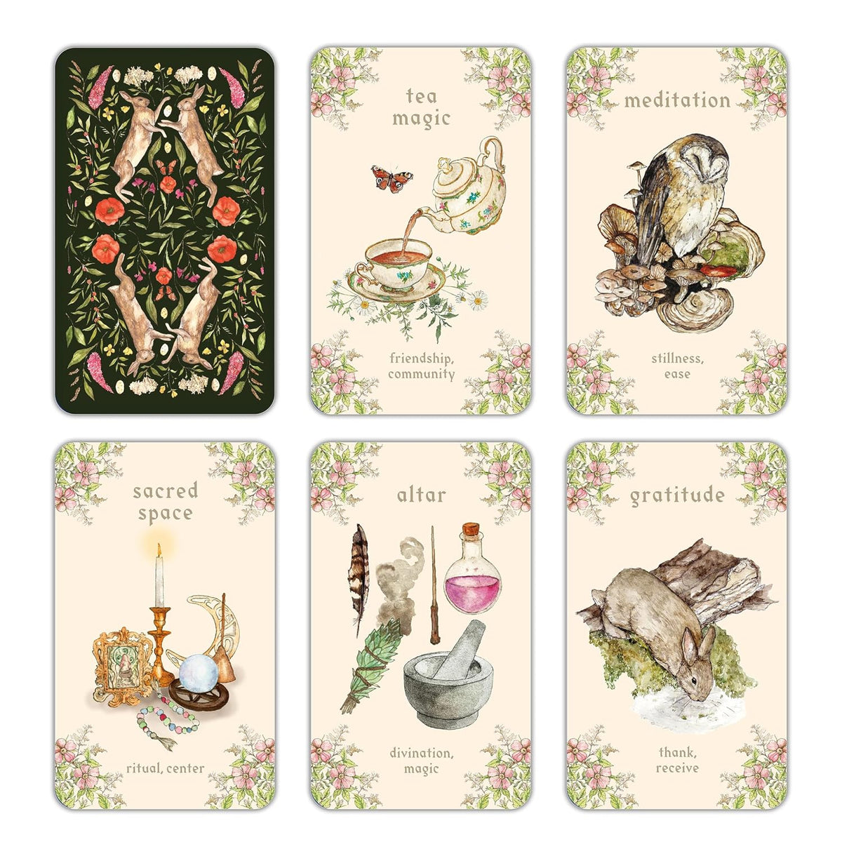 Set of six tarot cards with nature and mystical elements on a white background