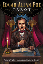 Book cover of 'Edgar Allan Poe Tarot' with a illustration of Edgar Allan Poe at a desk.