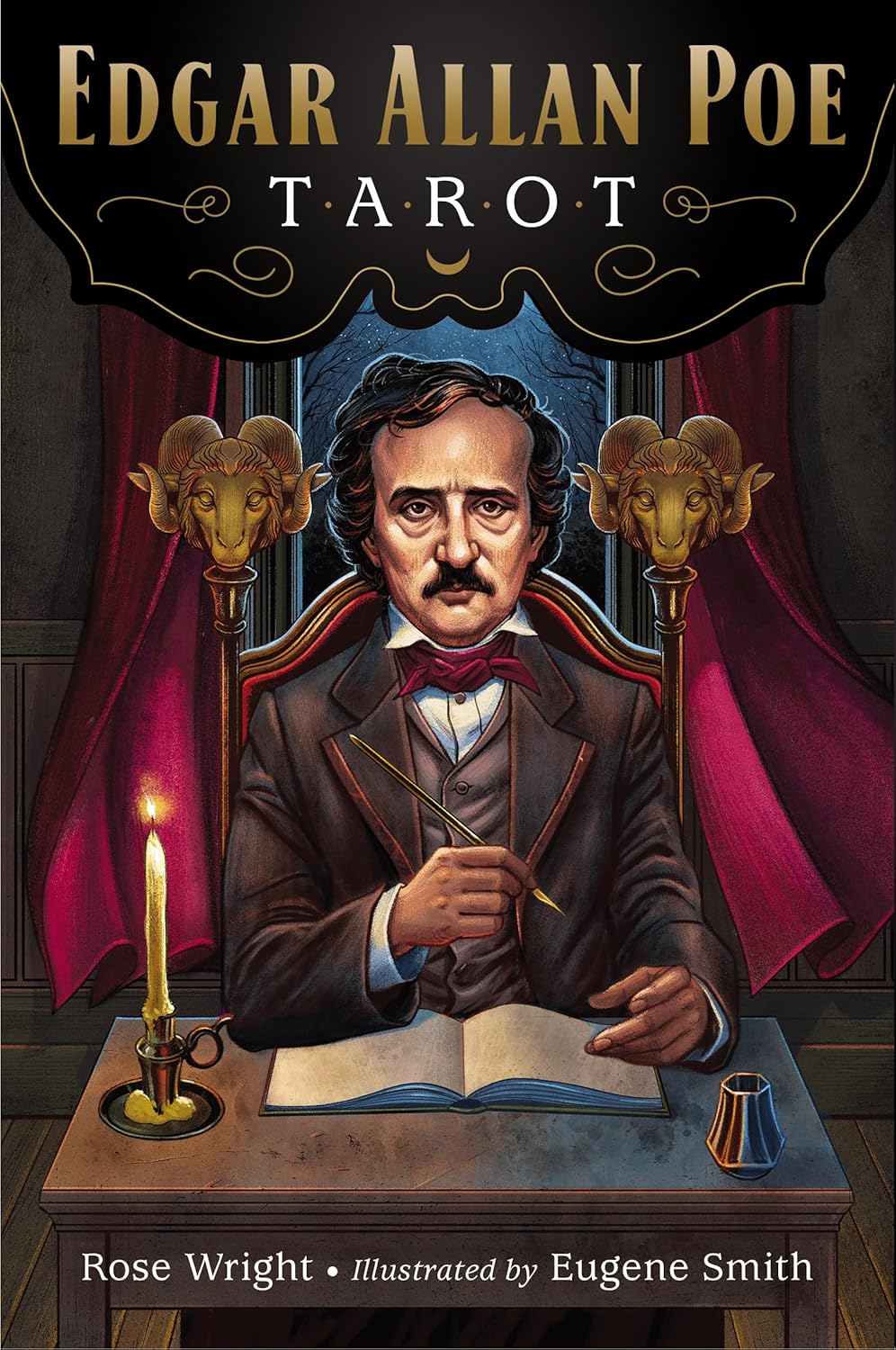 Book cover of 'Edgar Allan Poe Tarot' with a illustration of Edgar Allan Poe at a desk.