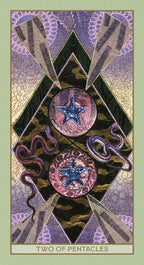Two of Pentacles tarot card with star design on a purple and gold background