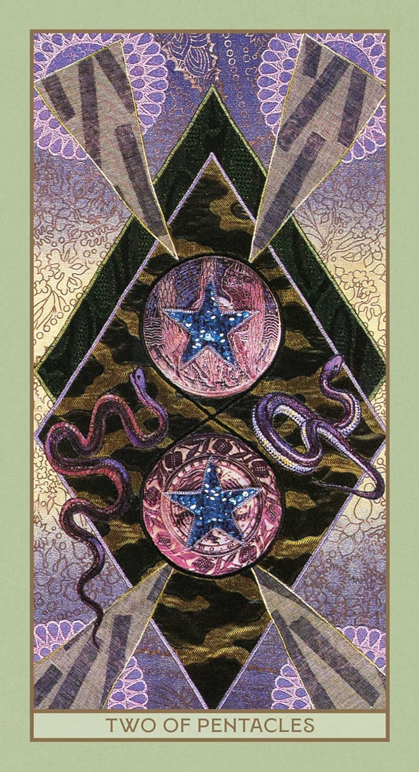 Two of Pentacles tarot card with star design on a purple and gold background