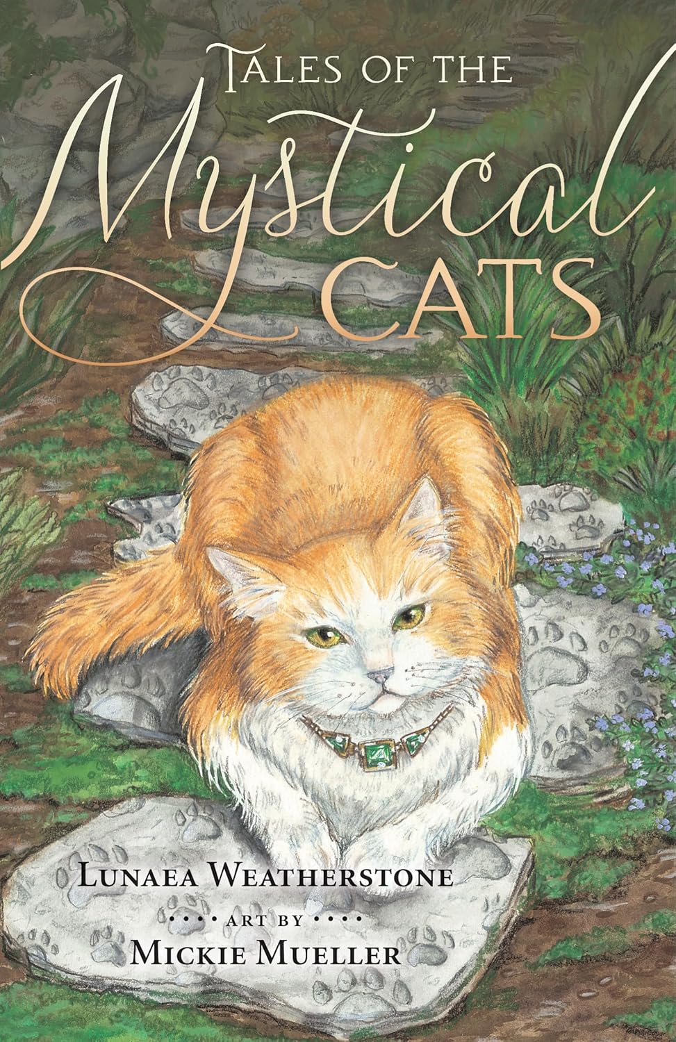 Book cover of 'Tales of the Mystical Cats' with a cat sitting on rocks in nature.