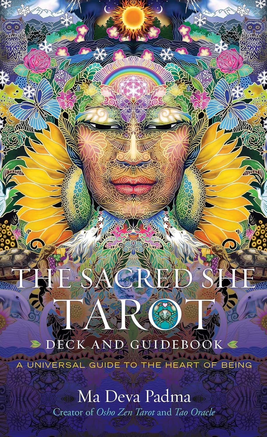 Cover of 'The Sacred She Tarot' with colorful design and text.